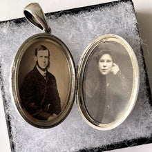 Carica l'immagine nel visualizzatore di Gallery, Antique Victorian Sterling Silver Locket. Aesthetic Engraved Lily & Carnation 2-Sided Locket With Period Photos. Victorian Love Token Locket