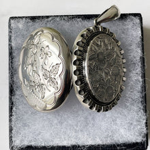 Carica l'immagine nel visualizzatore di Gallery, Antique Victorian Sterling Silver Locket. Aesthetic Engraved Lily & Carnation 2-Sided Locket With Period Photos. Victorian Love Token Locket