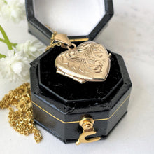 Carica l'immagine nel visualizzatore di Gallery, Vintage English 9ct Gold Small Heart Locket Necklace. Engraved Yellow Gold "I Love You" Sweetheart Locket & Chain. Minimalist Pendant Locket