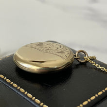 Carica l'immagine nel visualizzatore di Gallery, Vintage English 9ct Rolled Gold Round Locket. Floral & Fern Engraved 2-Photo Locket On Chain. Edwardian/Victorian Style Gold Locket Necklace
