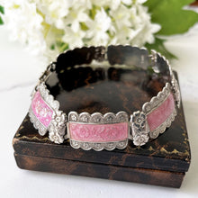Carica l'immagine nel visualizzatore di Gallery, Art Deco Pink Guilloche Enamel Sterling Silver Bracelet. Vintage English Enamel Floral Rose Panel Bracelet. Harmony Made In England Bracelet