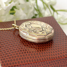Carica l'immagine nel visualizzatore di Gallery, Victorian Engraved Gold Gilt Oval Locket & Chain. Antique Gold On Silver Laurel Wreath Eternity Locket. Gold Photo/Keepsake Memorial Locket