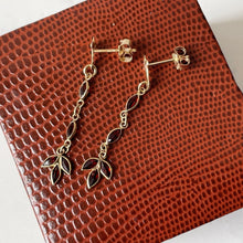 Carica l'immagine nel visualizzatore di Gallery, Vintage 9ct Gold Marquise Garnet Drop Earrings. Edwardian Style Bohemian Garnet Long Dangle Earrings. Delicate Gold Gem Set Pendant Earrings
