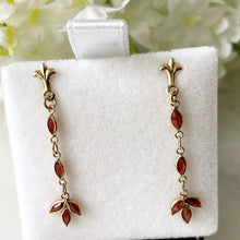Carica l'immagine nel visualizzatore di Gallery, Vintage 9ct Gold Marquise Garnet Drop Earrings. Edwardian Style Bohemian Garnet Long Dangle Earrings. Delicate Gold Gem Set Pendant Earrings