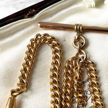 Carica l'immagine nel visualizzatore di Gallery, Antique Victorian 18ct Rolled Gold Double Albert Chain & Fob. Gold Filled Albertina Curb Chain Necklace, Scarab Charm, 2 Dog Clips and T-Bar