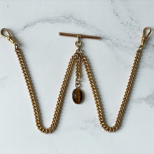 Carica l'immagine nel visualizzatore di Gallery, Antique Victorian 18ct Rolled Gold Double Albert Chain & Fob. Gold Filled Albertina Curb Chain Necklace, Scarab Charm, 2 Dog Clips and T-Bar