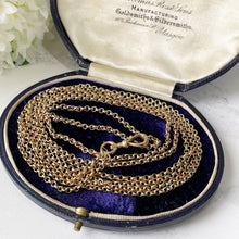 Carica l'immagine nel visualizzatore di Gallery, Victorian 15ct Rolled Gold 55" Long Guard Chain. Antique Yellow Gold Belcher Chain Necklace & Fancy Clip. Gold Muff/Chatelaine/Sautoir Chain