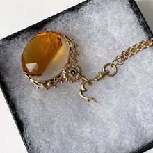 Carica l'immagine nel visualizzatore di Gallery, Victorian 15ct Rolled Gold 55" Long Guard Chain. Antique Yellow Gold Belcher Chain Necklace & Fancy Clip. Gold Muff/Chatelaine/Sautoir Chain