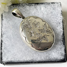 Carica l'immagine nel visualizzatore di Gallery, Antique Victorian Sterling Silver Locket. Aesthetic Engraved Lily & Carnation 2-Sided Locket With Period Photos. Victorian Love Token Locket