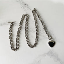 Carica l'immagine nel visualizzatore di Gallery, Vintage Silver & Diamond Heart Toggle Necklace. Sterling Silver T-Bar Love Heart Pendant Necklace. Belcher/Rolo Watch Chain Style Necklace