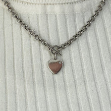 Carica l'immagine nel visualizzatore di Gallery, Vintage Silver & Diamond Heart Toggle Necklace. Sterling Silver T-Bar Love Heart Pendant Necklace. Belcher/Rolo Watch Chain Style Necklace
