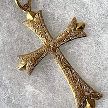 Carica l'immagine nel visualizzatore di Gallery, Georgian Pinchbeck Gold Gothic Cross Pendant Necklace. Antique Early Victorian Floral Engraved Large Cross & Belcher Chain Necklace.