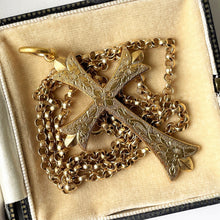 Carica l'immagine nel visualizzatore di Gallery, Georgian Pinchbeck Gold Gothic Cross Pendant Necklace. Antique Early Victorian Floral Engraved Large Cross & Belcher Chain Necklace.