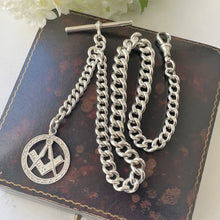 Carica l'immagine nel visualizzatore di Gallery, Victorian Sterling Silver Albert Watch Chain & 1876 Masonic Fob. Antique Pocket Watch Chain, T-Bar, Dog Clip. English Curb Chain Bracelet.
