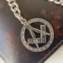 Carica l'immagine nel visualizzatore di Gallery, Victorian Sterling Silver Albert Watch Chain & 1876 Masonic Fob. Antique Pocket Watch Chain, T-Bar, Dog Clip. English Curb Chain Bracelet.