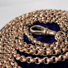Carica l'immagine nel visualizzatore di Gallery, Antique 9ct Rose Rolled Gold 58" Long Guard Chain. Victorian Diamond Cut Belcher Chain Necklace & Dog Clip. Muff/Chatelaine/Sautoir Chain
