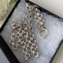 Carica l'immagine nel visualizzatore di Gallery, Victorian Sterling Silver Book Chain Necklace. Antique Snake & Round Link Bookchain With Bolt Ring. Fancy Silver Chain For Lockets/Pendants
