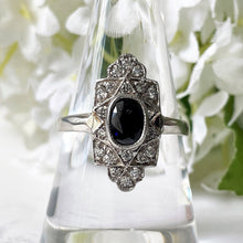 Charger l'image dans la galerie, Art Deco Paste Sapphire & Diamond Marquise Ring. Silver Set Antique Paste Gemstone Ring. Art Deco Geometric Cocktail Ring, Size Q/ 8.25