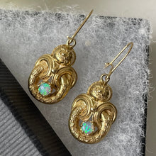 Carica l'immagine nel visualizzatore di Gallery, Victorian 18ct Gold On Silver Opal Earrings.  Antique Etruscan Revival Pendant Drop Earrings. Victorian Borromean Ring Earrings