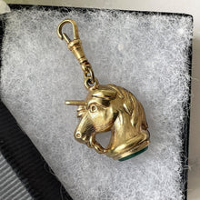 Carica l'immagine nel visualizzatore di Gallery, Victorian Gold Plated Bloodstone Unicorn Fob On Dog-Clip. Antique Agate Set Novelty Seal Fob. Victorian Mythological Animal Necklace Pendant