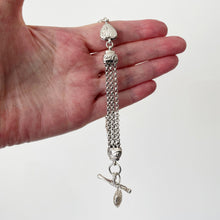 Carica l'immagine nel visualizzatore di Gallery, Victorian Sterling Silver Albertina Bracelet. Antique Etruscan Revival Fancy Link Chain Bracelet With Love Heart Charm, T-Bar & Dog-Clip