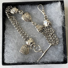 Carica l'immagine nel visualizzatore di Gallery, Victorian Sterling Silver Albertina Bracelet. Antique Etruscan Revival Fancy Link Chain Bracelet With Love Heart Charm, T-Bar & Dog-Clip