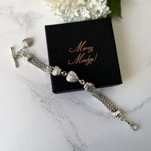 Carica l'immagine nel visualizzatore di Gallery, Victorian Sterling Silver Albertina Bracelet. Antique Etruscan Revival Fancy Link Chain Bracelet With Love Heart Charm, T-Bar & Dog-Clip