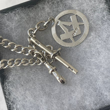 Carica l'immagine nel visualizzatore di Gallery, Victorian Sterling Silver Albert Watch Chain & 1876 Masonic Fob. Antique Pocket Watch Chain, T-Bar, Dog Clip. English Curb Chain Bracelet.