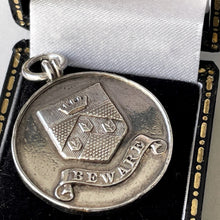 Carica l'immagine nel visualizzatore di Gallery, Antique "Beware" Coat Of Arms Sterling Silver Fob. English Edwardian Pendant. Harry Potter À La Mode School Attendance Silver Medal c1903-6