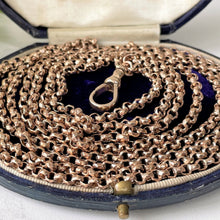 Carica l'immagine nel visualizzatore di Gallery, Antique 9ct Rose Rolled Gold 58" Long Guard Chain. Victorian Diamond Cut Belcher Chain Necklace & Dog Clip. Muff/Chatelaine/Sautoir Chain