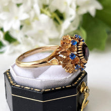 Carica l'immagine nel visualizzatore di Gallery, Vintage 1960's 9ct Gold Garnet & Spinel Flower Ring. Daisy Dome Cocktail Ring. Mid-Century Yellow Gold Statement  Ring, Size M UK, 6.25 US