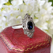 Charger l'image dans la galerie, Art Deco Paste Sapphire & Diamond Marquise Ring. Silver Set Antique Paste Gemstone Ring. Art Deco Geometric Cocktail Ring, Size Q/ 8.25