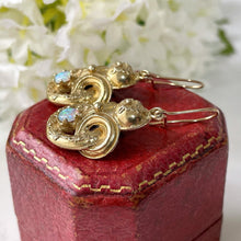 Carica l'immagine nel visualizzatore di Gallery, Victorian 18ct Gold On Silver Opal Earrings.  Antique Etruscan Revival Pendant Drop Earrings. Victorian Borromean Ring Earrings
