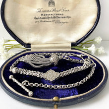 Carica l'immagine nel visualizzatore di Gallery, Victorian Sterling Silver Albertina Watch Chain. Antique Etruscan Revival Belcher Link Chain Bracelet with Slider & Tassel Charm and  T-Bar