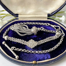 Carica l'immagine nel visualizzatore di Gallery, Victorian Sterling Silver Albertina Watch Chain. Antique Etruscan Revival Belcher Link Chain Bracelet with Slider & Tassel Charm and  T-Bar