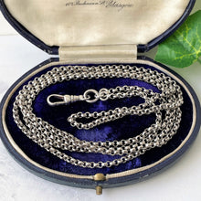 Carica l'immagine nel visualizzatore di Gallery, Victorian Sterling Silver Long-Guard Belcher Chain. Antique 40" Guard Chain With Dog-Clip. Victorian Silver Muff Chain/Sautoir Necklace