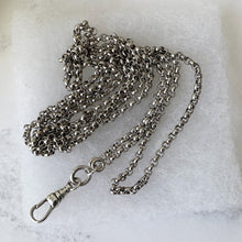 Carica l'immagine nel visualizzatore di Gallery, Victorian Sterling Silver Long-Guard Belcher Chain. Antique 40" Guard Chain With Dog-Clip. Victorian Silver Muff Chain/Sautoir Necklace