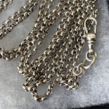 Carica l'immagine nel visualizzatore di Gallery, Victorian Sterling Silver Long-Guard Belcher Chain. Antique 40" Guard Chain With Dog-Clip. Victorian Silver Muff Chain/Sautoir Necklace