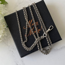 Carica l'immagine nel visualizzatore di Gallery, Victorian Sterling Silver Long-Guard Belcher Chain. Antique 40" Guard Chain With Dog-Clip. Victorian Silver Muff Chain/Sautoir Necklace