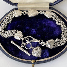 Carica l'immagine nel visualizzatore di Gallery, Victorian Sterling Silver Albertina Bracelet. Antique Etruscan Revival Fancy Link Chain Bracelet With Love Heart Charm, T-Bar & Dog-Clip