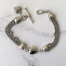 Carica l'immagine nel visualizzatore di Gallery, Victorian Sterling Silver Albertina Bracelet. Antique Etruscan Revival Fancy Link Chain Bracelet With Love Heart Charm, T-Bar & Dog-Clip