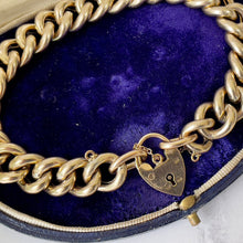 Carica l'immagine nel visualizzatore di Gallery, Vintage 12ct Rolled Gold Bracelet with Love Heart Padlock. 1960s Gold Filled Chunky Curb Chain Bracelet. English Sweetheart Bracelet