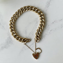 Carica l'immagine nel visualizzatore di Gallery, Vintage 12ct Rolled Gold Bracelet with Love Heart Padlock. 1960s Gold Filled Chunky Curb Chain Bracelet. English Sweetheart Bracelet