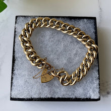 Carica l'immagine nel visualizzatore di Gallery, Vintage 12ct Rolled Gold Bracelet with Love Heart Padlock. 1960s Gold Filled Chunky Curb Chain Bracelet. English Sweetheart Bracelet