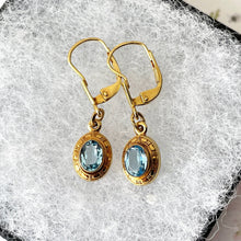 Charger l'image dans la galerie, Vintage Victorian Revival 9ct Gold Aquamarine Earrings. Yellow Gold Etruscan Style Drop Earrings. Greek/Neoclassical Blue Gemstone Earrings.