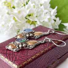 Carica l'immagine nel visualizzatore di Gallery, Vintage Victorian Style Silver & 22ct Gold Opal Earrings. Etruscan Revival Large Pendant Drop Earrings. Deep Blue Black Opal Hook Earrings