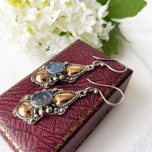 Carica l'immagine nel visualizzatore di Gallery, Vintage Victorian Style Silver & 22ct Gold Opal Earrings. Etruscan Revival Large Pendant Drop Earrings. Deep Blue Black Opal Hook Earrings