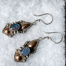 Carica l'immagine nel visualizzatore di Gallery, Vintage Victorian Style Silver & 22ct Gold Opal Earrings. Etruscan Revival Large Pendant Drop Earrings. Deep Blue Black Opal Hook Earrings