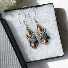 Carica l'immagine nel visualizzatore di Gallery, Vintage Victorian Style Silver & 22ct Gold Opal Earrings. Etruscan Revival Large Pendant Drop Earrings. Deep Blue Black Opal Hook Earrings