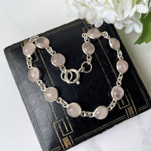 Load image into Gallery viewer, Vintage Sterling Silver &amp; Rose Quartz Bracelet. Bezel Set Pink Gemstone Chain Bracelet. Love Token Amulet. Healing Crystal Bracelet.
